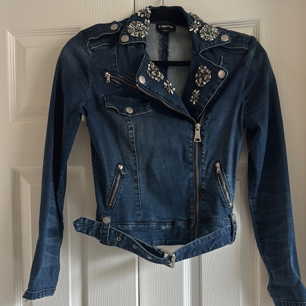 Bebe Blue Denim Moto Jean Jacket with Studded Details